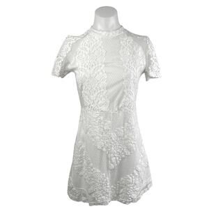 Glamorous White Lace Mock Neck Short Sleeve Sheer Mini A-Line Dress Size M